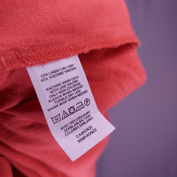 Loft Linen Blend Top Women Large Peasant 3/4 Bishop Sleeve Boho Minimalist Coral - Picture 8 of 9